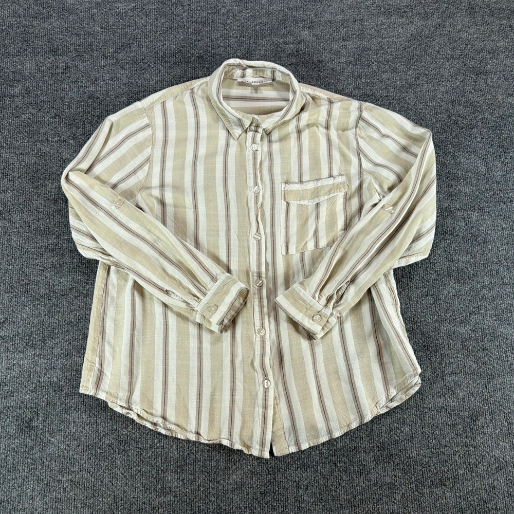 Jane + Delancey Tan Cream Striped Button Down Roll Tab Sleeve Shirt Large